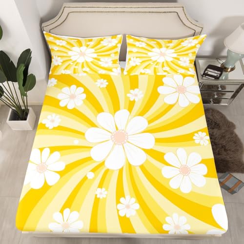 Image of Cartoon Flowers Bed Sheet Queen Set Yellow Stripes Sheets Sets Adults Bedroom Decor Daisy Microfiber Bedding Set with Flat,Fitted Sheet,2 Pillow Cases