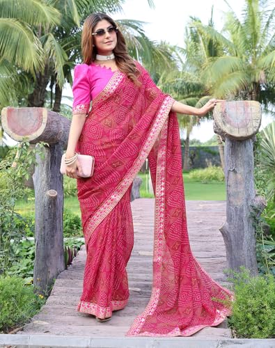 Image of Yashika Women's Georgette Saree with Lace |Solid Digital Printed Patola Saree for Women