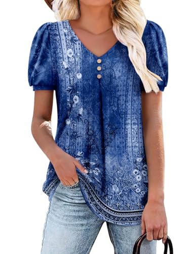 Angerella Women Tunic Tops Dressy Casual Summer Short Sleeve V Neck Shirts Floral Loose Fit Pleated Boho Top S-3XL