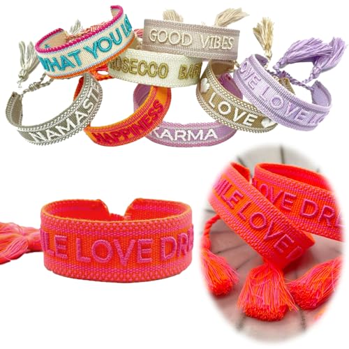 LS-LebenStil Exklusives Statement Armband - das Original - Smile Love Dream Neon 16-20cm Quasten besticktes Boho Canvas Webarmband Damen Freundschaftsarmband Geschenk gewebt textil Stoffarmband