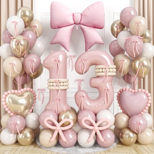 40 Inch Dusty Pink 13 Number Balloon for Girls 13th Birthday Decorations Blush Light Pink Gold Beige Latex Balloons Bow Heart Foil Balloon for Boho 13 Year Old Birthday Anniversary Party Decorations