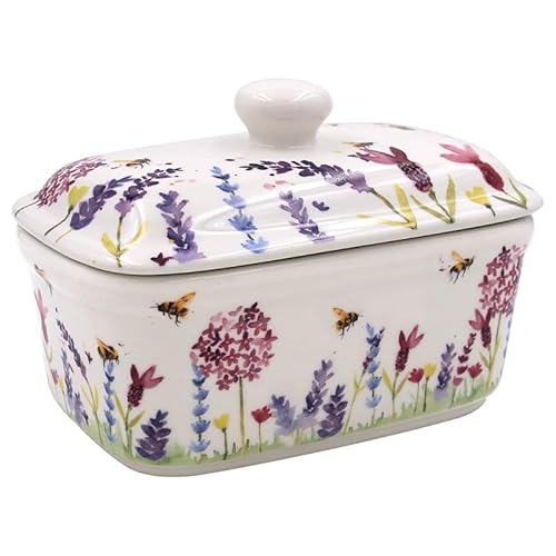 The Leonardo Collection Ceramic Butter Dish with Lid Lavender Bees Handpainted Floral Large Fine China