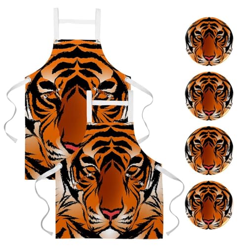 Tablier de cuisine lot de 2 à motif tigre avec 4 broches incluses