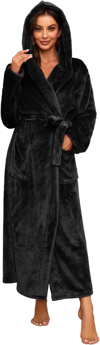 HEARTNICE Womens Long Hooded Plush Robe, Soft Thick Warm Fleece Bathrobe Full Length House Coat