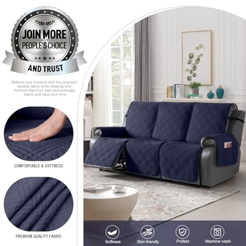 Image of TAOCOCO Waterproof Recliner Sofa Cover, Non Slip Split Recliner Couch Cover with Elastic Straps Pocket, Washable Reclining Sofa Cover Furniture Protector for Kids, Dogs, Pets(3 Seater, Navy Blue)
