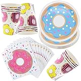 Donut Partygeschirr Set: Sie erhalten 48 stück donut geschirr supplies, die bietet platz für bis zu 16 gäste. Enthält 16 stück teller, 16 stück tassen, 1 stück serviettenset (16).