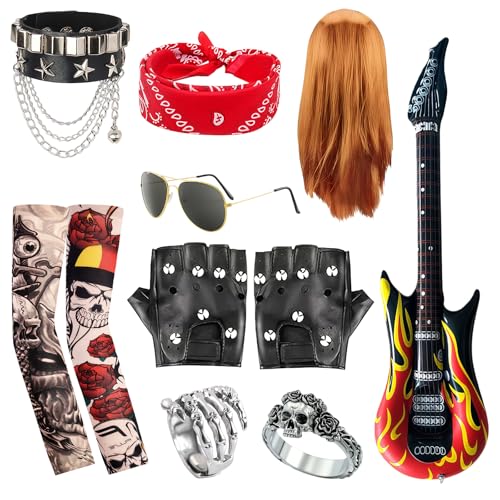RAOPNHS Faschingskostüme Männer Set 10-Teilig 80er Jahre Outfit Herren mit Heavy Metal Perücke Tattoo Ärmel und Nieten Rocker Outfit Damen und Herren für Halloween