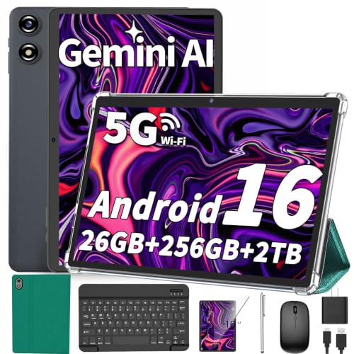 Image of Android Tablet 10 inch, 2026 Android 16 Tablet with Keyboard, 26GB+256GB (2TB Expand), Gemini AI Tablet with 8-Core, 8000mAh, 5G WiFi, Widevine L1, 2 in 1 Tablets PC with Case /Mouse /Stylus-Green Case
