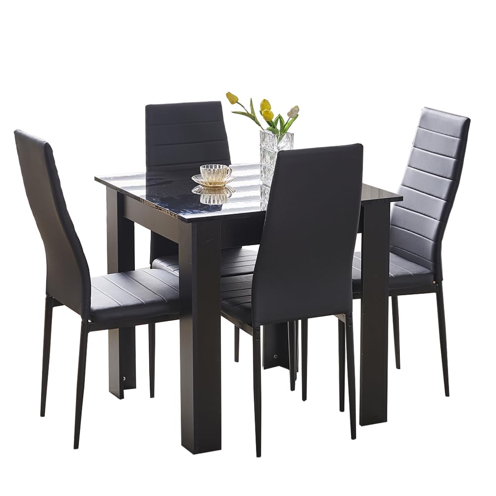 Rainbow Tree Modern 5 Piece Dining Room Table and Chairs Set, Wooden Square Table with 4 Chairs for Small Space Apartment Space Saving (Black Table+4 Black PU Chair) — image 1