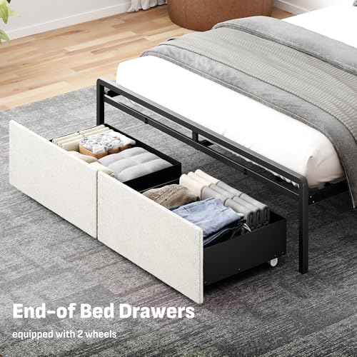 Image of Softa Queen Adjustable Bed Frame with Storage Headboard and Charging Station, Power Head Lift with 2 Footboard Drawers, Upholstered Metal Frame, No Box Spring Needed, White