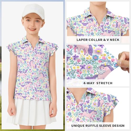 Image of Soneven Girls Ruffle Sleeve Polo Shirts V-Neck Golf Tennis T-Shirts Uniform Shirts Quick Dry for 4-14 Years