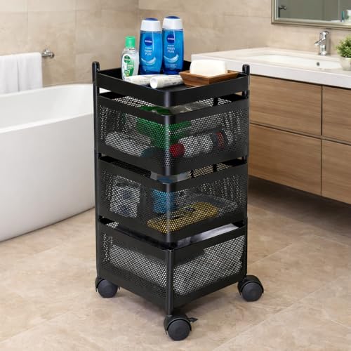 Image of RADIANT 3 Layer Multipurpose Plastic Trolley with Dish Rack for Kitchen Fruit Vegetable Storage Basket Kitchenware Food, Snacks, Toys, Tiered Shelf (Black) (Trolley Square-3 Layer)