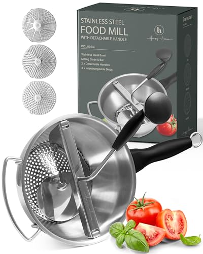 Stainless Steel Food Mill with Detachable Handle – Hand Crank Grinder for Baby Food, Tomato Sauce & Mashed Potatoes – Includes 3 Discs – Easy to Use & Clean – Great for Home Chefs, Parents & Canning