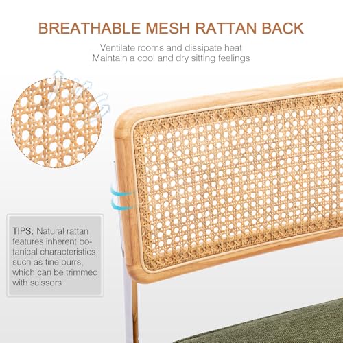 Image of Zesthouse Natural Rattan Dining Chairs Set of 4, Mid Century Modern Dining Chairs with Solid Wood Back & Chrome Base, for Kitchen Living Room, Breuer Design Inspired, Upholstered Linen Fabric, Green