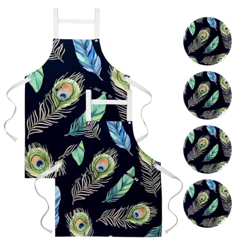 Tablier de cuisine en plumes de paon design multicolore pour restaurant et bistrot