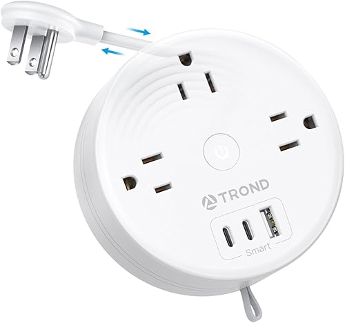 TROND Regleta de alimentación de viaje, cable de extensión retráctil de 5 pies, enchufe plano ultrafino, regleta retráctil con 3 salidas de CA, 3