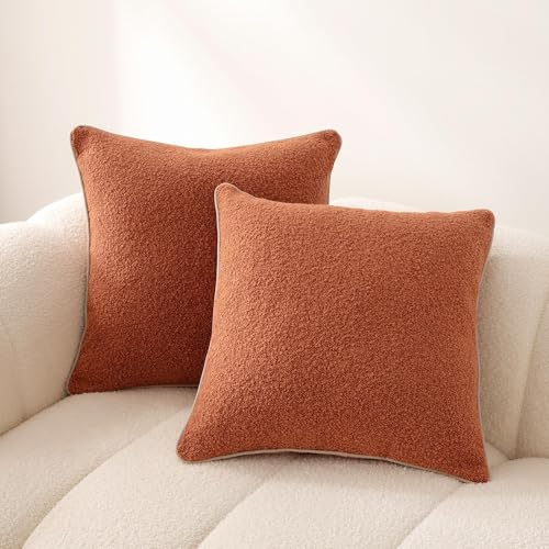Image of Amazon Basics Boucle Throw Pillow Covers for Couch, Living Room, Orange Home Decor with Hidden Zipper, Brown, 22x22in, Pack of 2