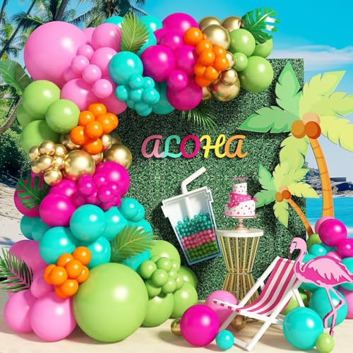 138pcs Flamingo Tropical Luau Balloons Arch Garland Kit Olive Green and Hot Pink Orange Gold Hawaiian Balloons for Kids Summer Beach Aloha Pool Birthday Baby Shower Party Decorations Supplies