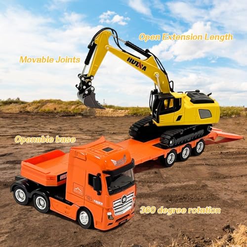 Mostop 1:50 Maßstab Alloy Tieflader mit Bagger, Metall Baufahrzeug Modelle Spielzeug für 3 4 5 6 Jahre alte Kinder Jungen Mädchen (orange)