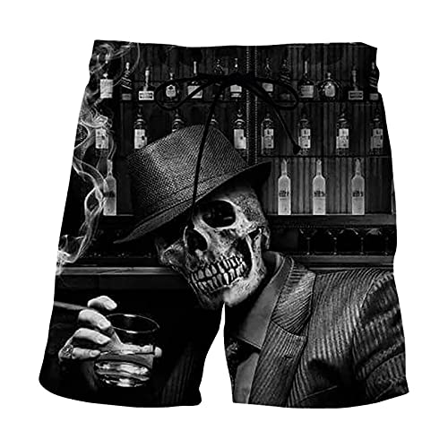 Badeshorts Herren 3D Print Totenkopf Skull Druck Linie Boardshorts Männer Strandshorts mit Tunnelzug Tasche XL Grau 29916 (Mesh Futter Schnelltrocknend verstellbarem Tunnelzug Kurze Hose Wassersport)