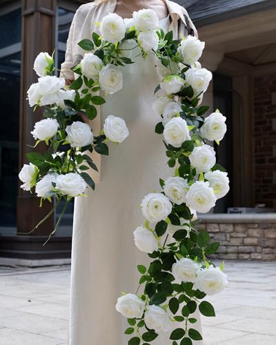 2Pcs 12Ft Bendable Flower Garland Faux Rose Vine for Wedding Decor White
