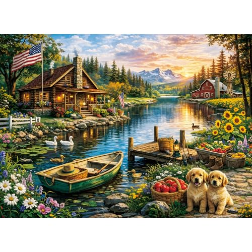 Rompecabezas de 500 piezas para adultos: Cabaña junto al lago con perros, paisaje montañoso y naturaleza miniatura 1