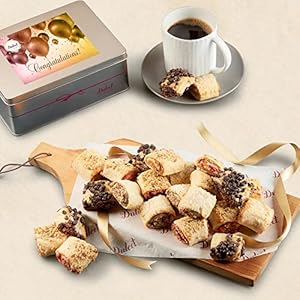 Dulcet Gift Baskets, Congratulations Fresh Baked Bakery Rugelach fillings of chocolate chip, raspberry, Cinnamon and Apricot Gift Tin Assortment, Ideal for Friends, Men, Women, Friends, and Family