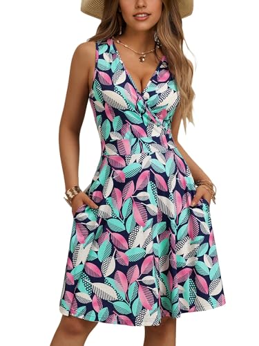 LIAMERHE Vestido Sin Mangas Mujer Casual Verano Vestidos Cuello en V Elegante Vestido Largo hasta la Rodilla Flores-1 S