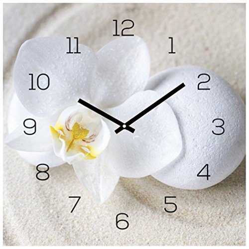 levandeo Horloge murale en verre - 30 x 30 cm - Orchidée blanche - Décoration murale - Pour la cuisine