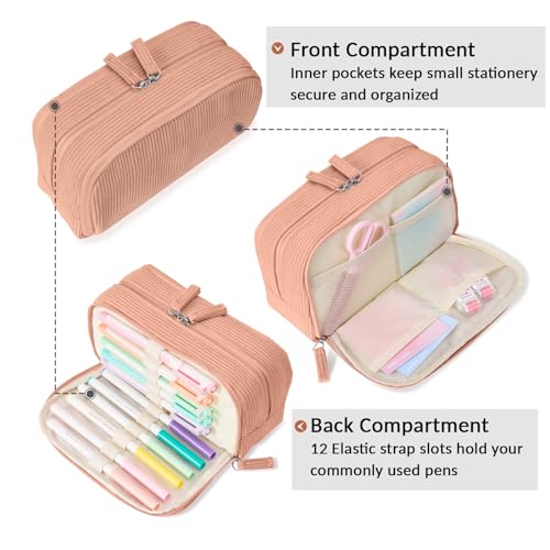Image of Sooez Big Capacity Pencil Case Pen Pouch, Soft Corduroy Pencil Bag with 3 Compartment, Multiple Pockets, Sturdy Zipper, Cute School Supplies Pen Bag Organizer For Teen Girls College-Orange