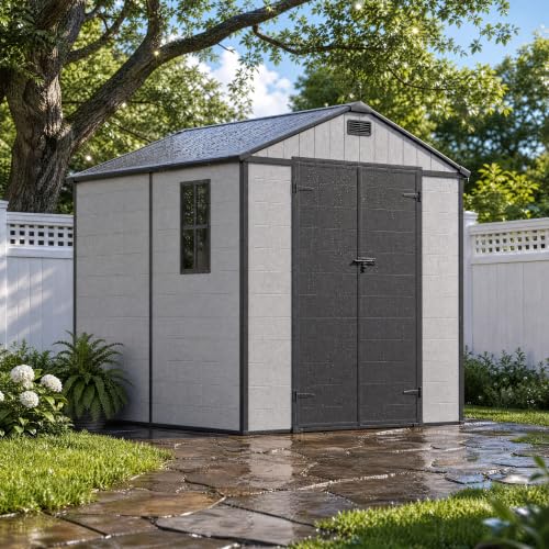 Image of Devoko 8 x 8 FT Resin Storage Shed with Floor, Outdoor Plastic Tool Shed