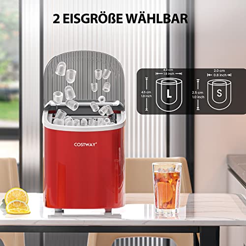 COSTWAY 2,2 L Eiswürfelmaschine 12kg/24H, Ice Maker 9 Eiswürfel in 6-13min, Elektrischer Eiswürfelbereiter mit Korb Schaufel 2 Eisgrößen (Rot) – Bild 3
