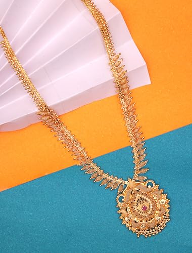 Image of CUTE GOLD One Gram Micro Gold Plated Traditional South Indian Fashion Jewellery Stylish Ruby Emrald Stone Long Haram Set for Women & Girls