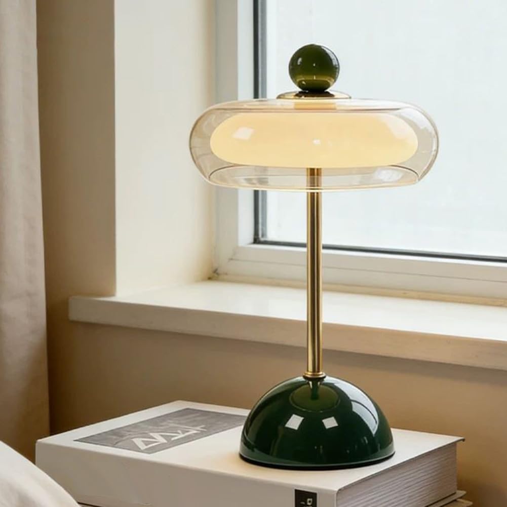LED Tischlampe Kabellos Glaslampenschirm Pilz Lamp Batteriebetrieben USB Aufladbar Ohne Kabel Nachttischlampe Dimmbar mit Touch Control Mushroom Lamp Modern Dekoration lnnen und Außen,Grün