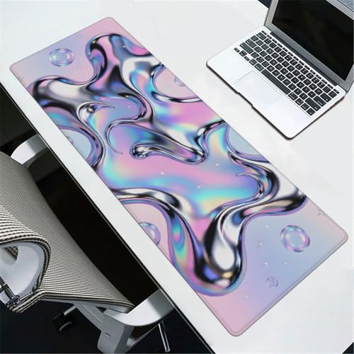 Y2K Liquid Chrome Mouse Pad 31.5x11.8 inch, Iridescent Holographic Desk Mat