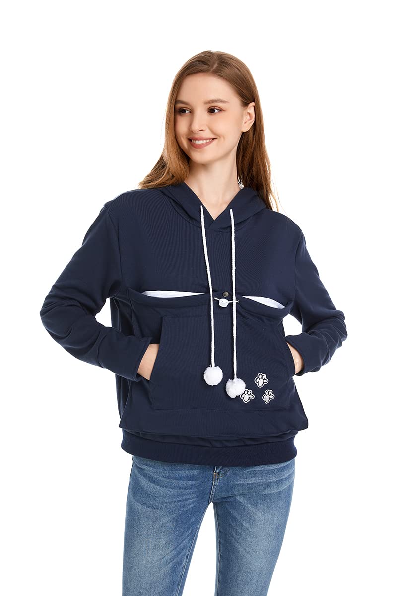 Cat Dog Pouch Hoodie Large Pet Pouch Sweatshirt Puppy Kitten Holder Carrier Pullover Shirt Unisex Hoodies, Dark Blue, Large — image 1