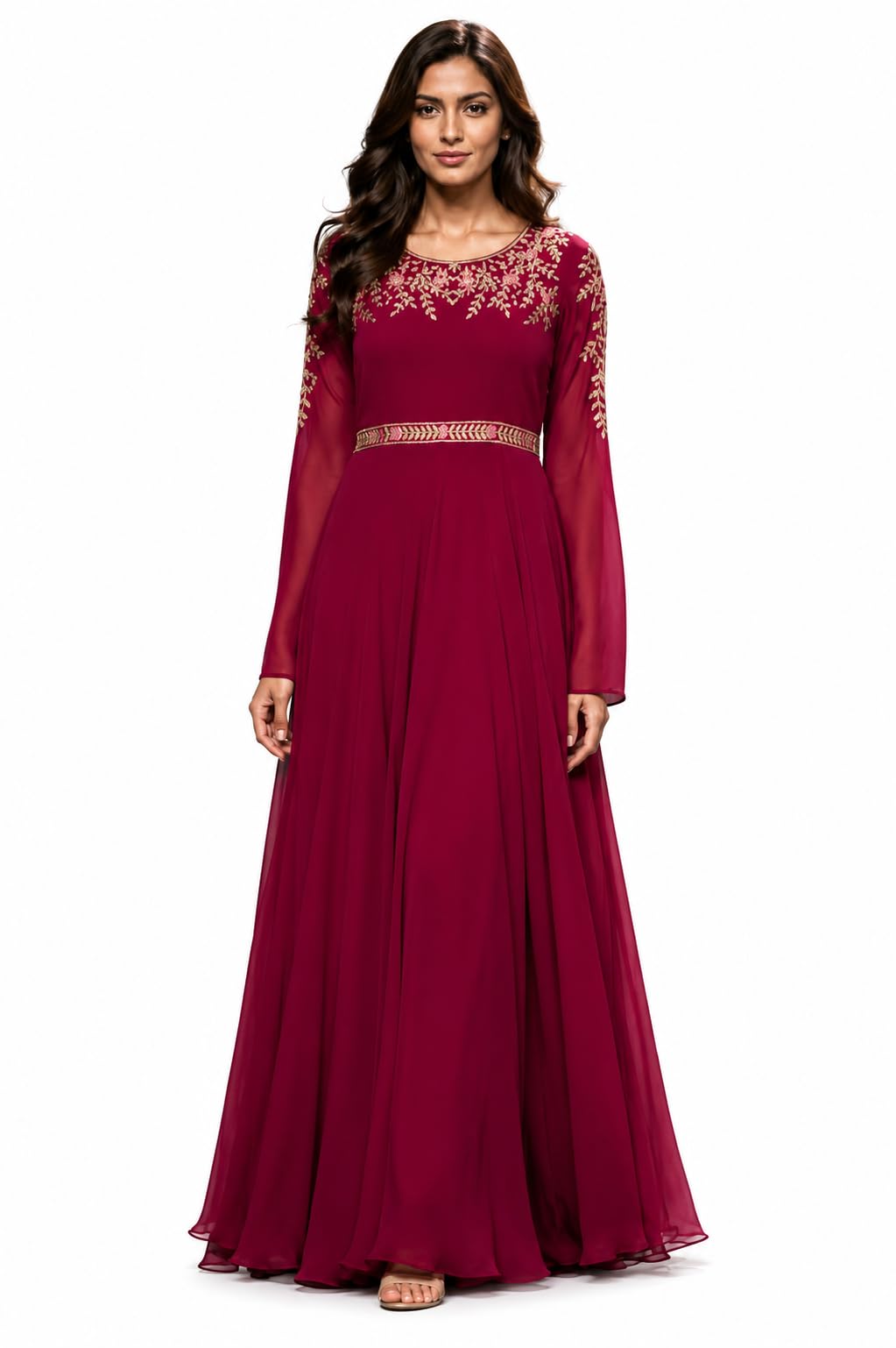 Women's Georgette Embroidered Anarkali Maxi Long Dress | Full Sleeve | Maroon Ethnic Gown-image-46