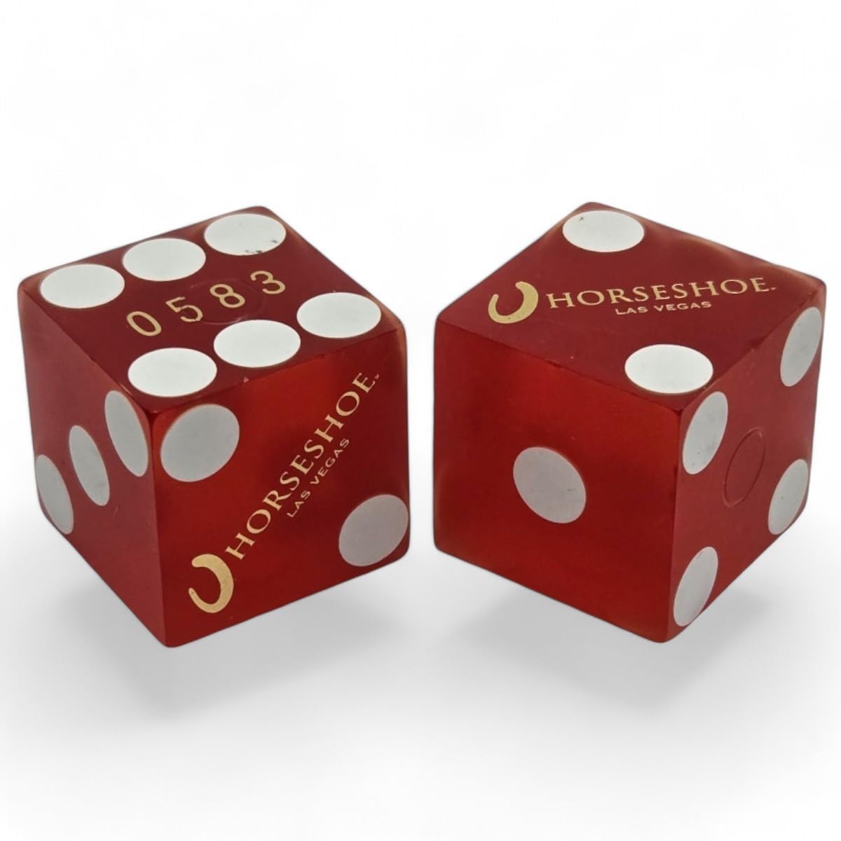 Wide Selection Authentic Las Vegas Casino Table-Played Craps Dice Pairs, Matching Serial Numbers (Horseshoe - Red Frosted) โ image 1