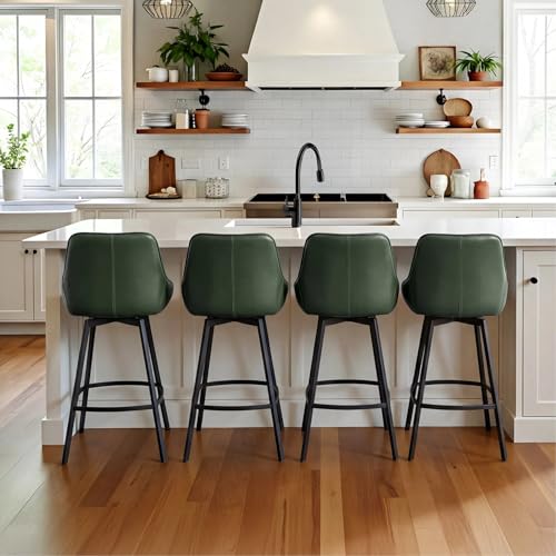 Image of Zesthouse Swivel Bar Stools Set of 4, 26 inch Modern Counter Height Bar Stools with Low Backs, Upholstered Faux Leather Bar Chairs for Kitchen Counter, Green Island Chairs with Metal Legs
