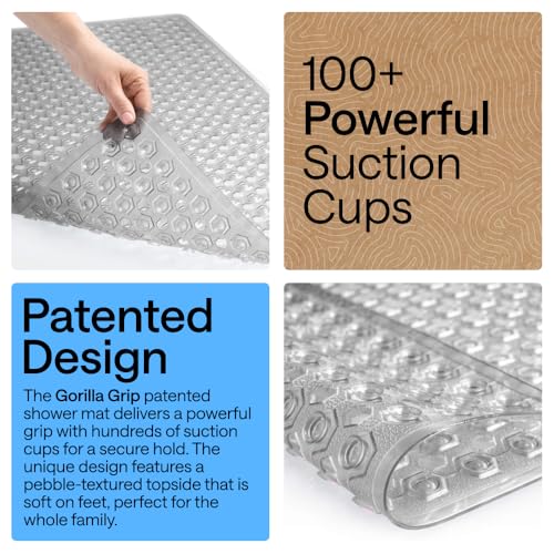 Image of GORILLA GRIP Patented Square Shower Stall Mat, Small Bathtub Floor Mats for Stand Up Showers with Suction Cups and Drainage Holes, Machine Washable, Soft on Feet, Bathroom Accessories 21x21 Inch, Gray