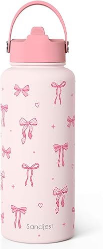 Regalo de lazo coquette para mujer, botella de agua de acero inoxidable de 32 onzas con tapa y popote, lazos rosados, botellas aisladas estéticas,