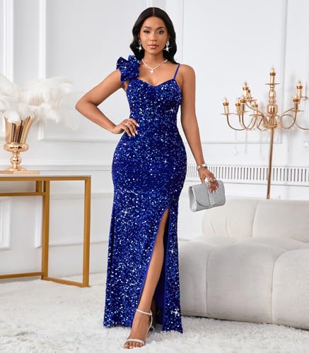 Image of Cololura Women Sexy Elegant Sequin High Split Ruffled Hem Mermaid Party Cocktail Bodycon Formal Evening Gowns Maxi Dress