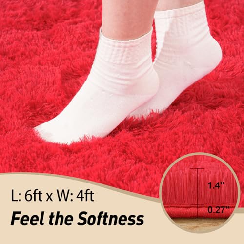 Red Rugs for Living Room, 4x6 Large Fluffy Area Rugs for Bedroom, Soft Carpet Shag Kids Rug with 4 Non-Slip Rug Pads (Red, 4ft x 6ft)