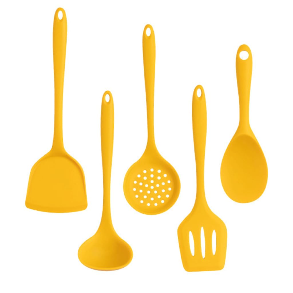 Utensilios de cocina, cuchara de arroz de silicona, pala de herramientas de cocina resistente al calor con cucharas para servir amarillas ranuradas