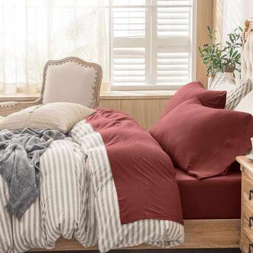 PURE ERA Jersey Knit 4pc Bed Sheet Set 100% T-Shirt Cotton Super Soft Comfy Breathable Fits Mattress Up to 20" Extra Deep Pocket (Solid Brick Red, Queen)