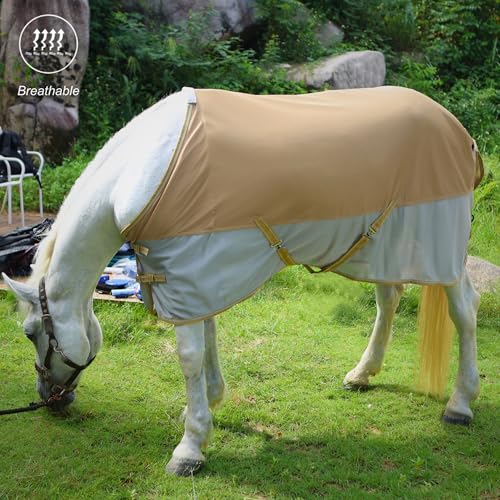 Image of BARN & STABLE Breathable and UV Protective Tear-Resistant Mesh Horse Fly Sheet Comfy Equine Summer Sheet with Removable Web Leg Straps (Gold Silver, 75 in)