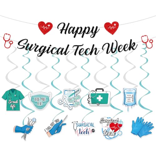 Image of 12PCS Happy Surgical Tech Week Banner Hanging Swirls Decorations | surgical tech week decor set, 2 banners 10 hanging swirls, theme, easy hanging, medical appreciation party supplies