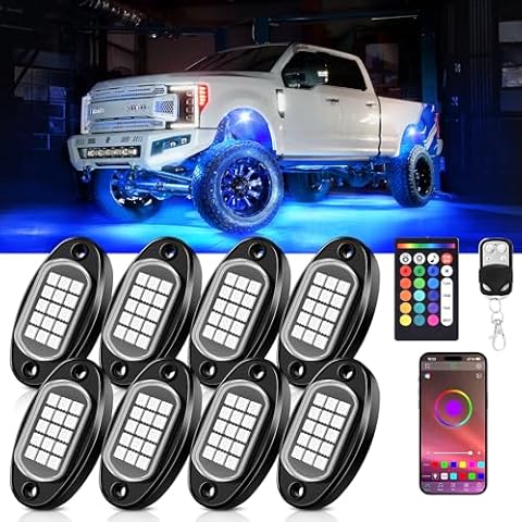 MNJ MOTOR RGB LED Rock Lights 8 Pods - Multicolor Underglow Neon Light Kits, Underbody Lamp Waterproof with APP/Remote Control & Music Mode for Pickup Car Off Road SUV ATV Vehicle Cover
