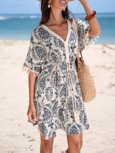 CUPSHE Women Tassel Trim Summer Dress V Neck Lace Short Sleeve Paisley Boho Casual Sundress Holiday Beach Mini Dress4