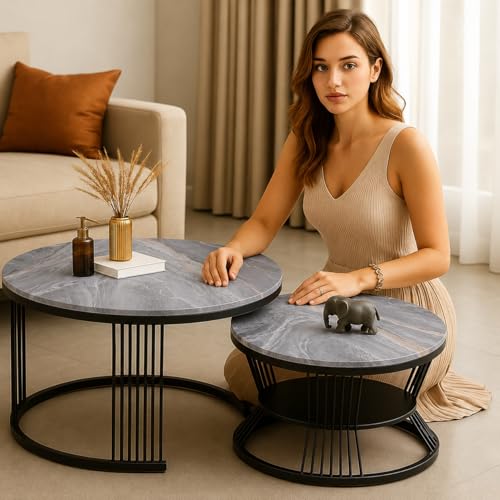 Image of Brown Art SHOPPEE Round Coffee Table Home Decor Furniture Coffee Table Sets,2 Piece MDF Top,Stacking Nesting Table with Iron Frame for Living Room Living Room or Lounge (Grey Black)